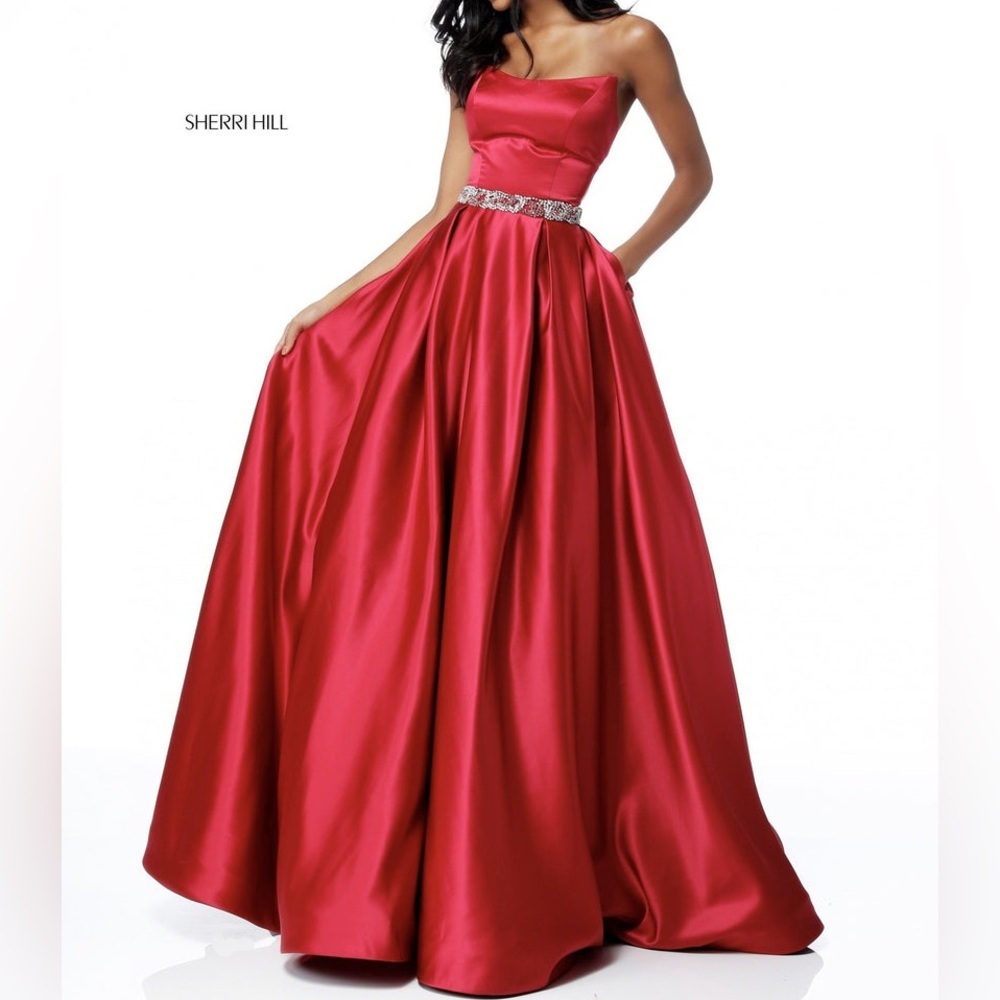 Sherri Hill Reddish Pink Rhinestone Strapless Ballgown with Pockets Size 6